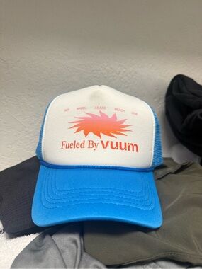 Fueled By Vuum Trucker Hat - White & Bright Blue with Orange Graphic